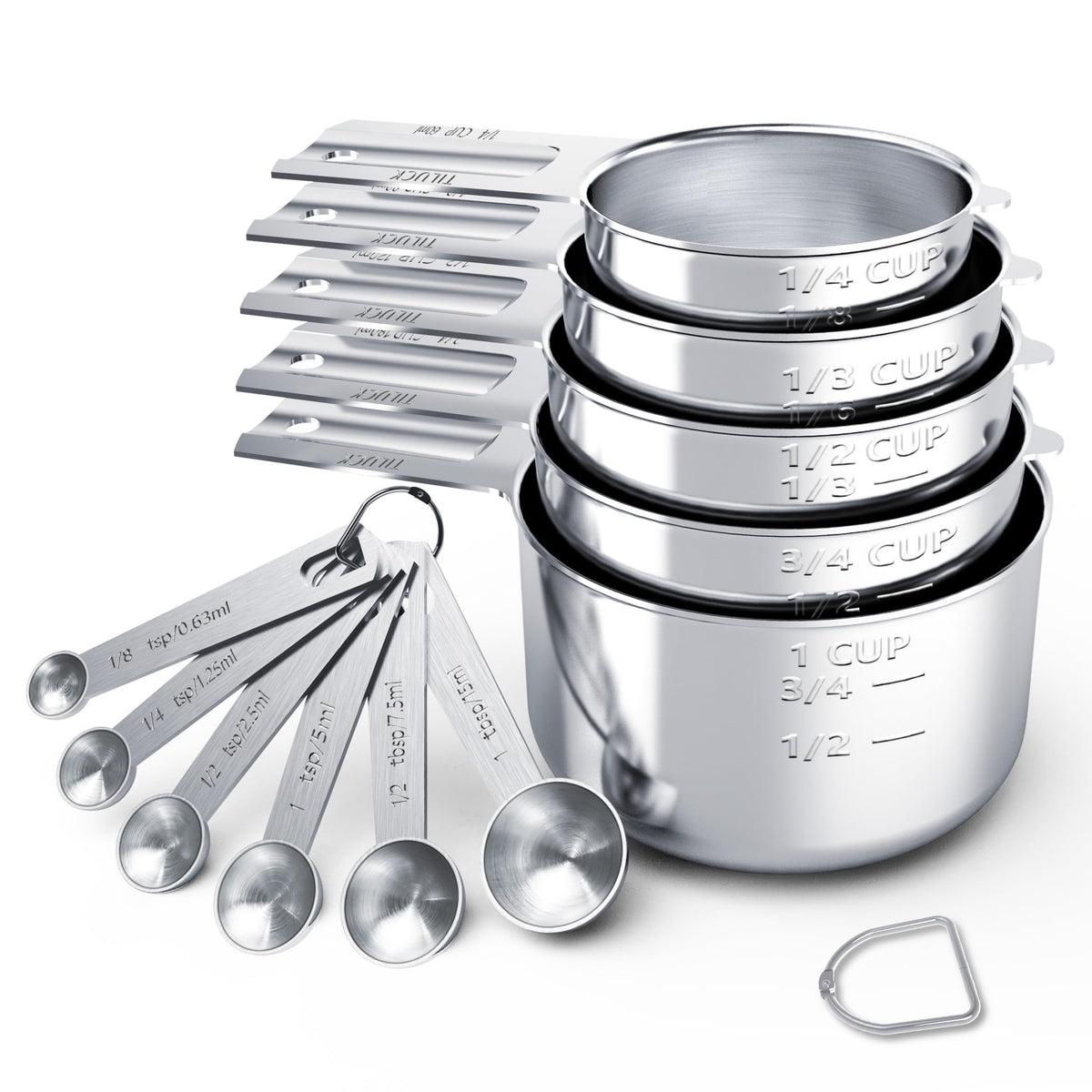 Tiluck 5-piece stainless steel measuring cups with engraved sizes for precise measurements.