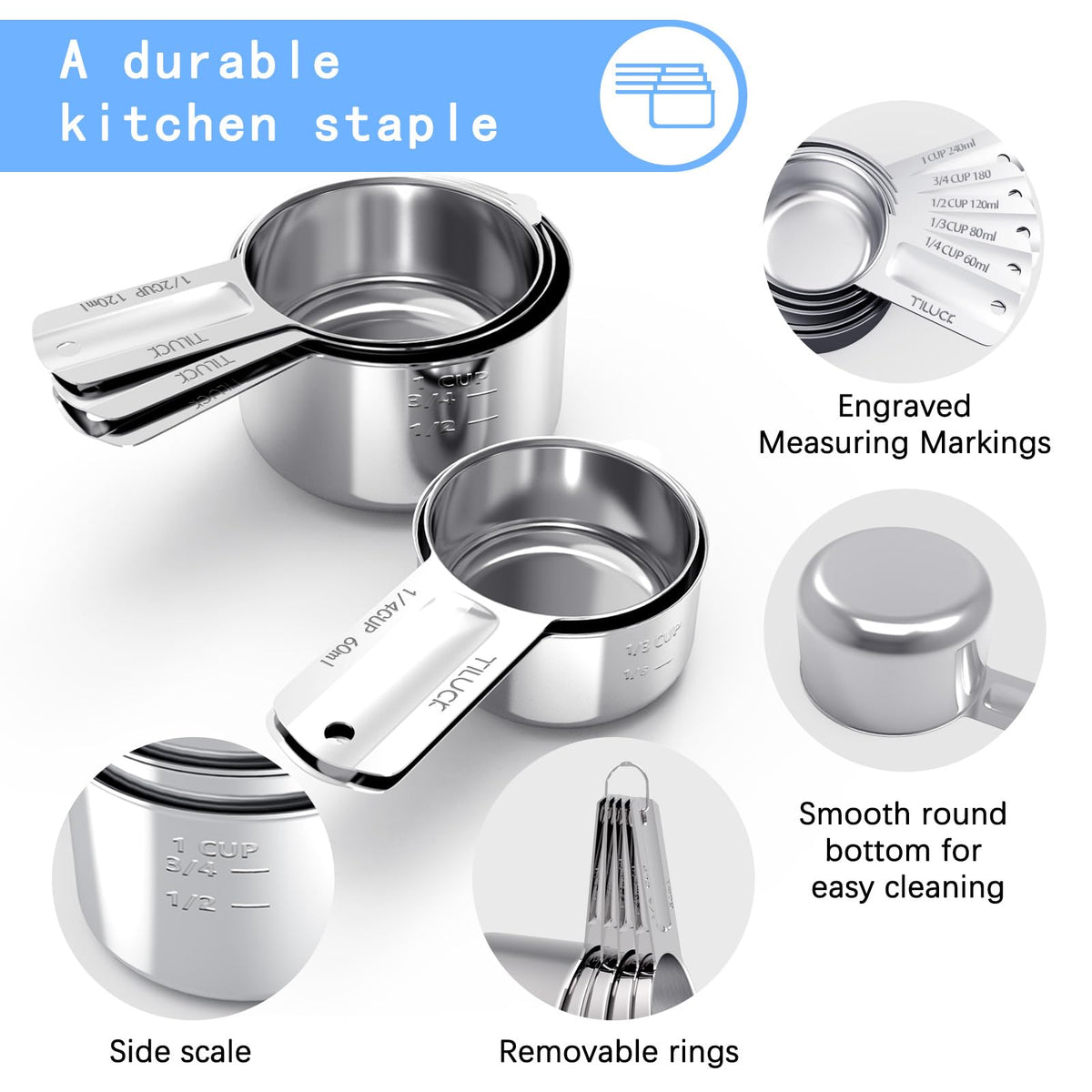 TILUCK stainless steel measuring cup 3/4 cup for larger ingredient portions in cooking