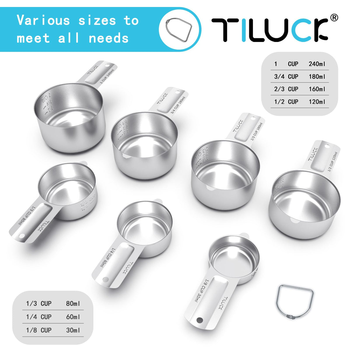 TILUCK stainless steel measuring cups close-up showing durable construction for daily use