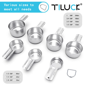 TILUCK stainless steel measuring cups close-up showing durable construction for daily use