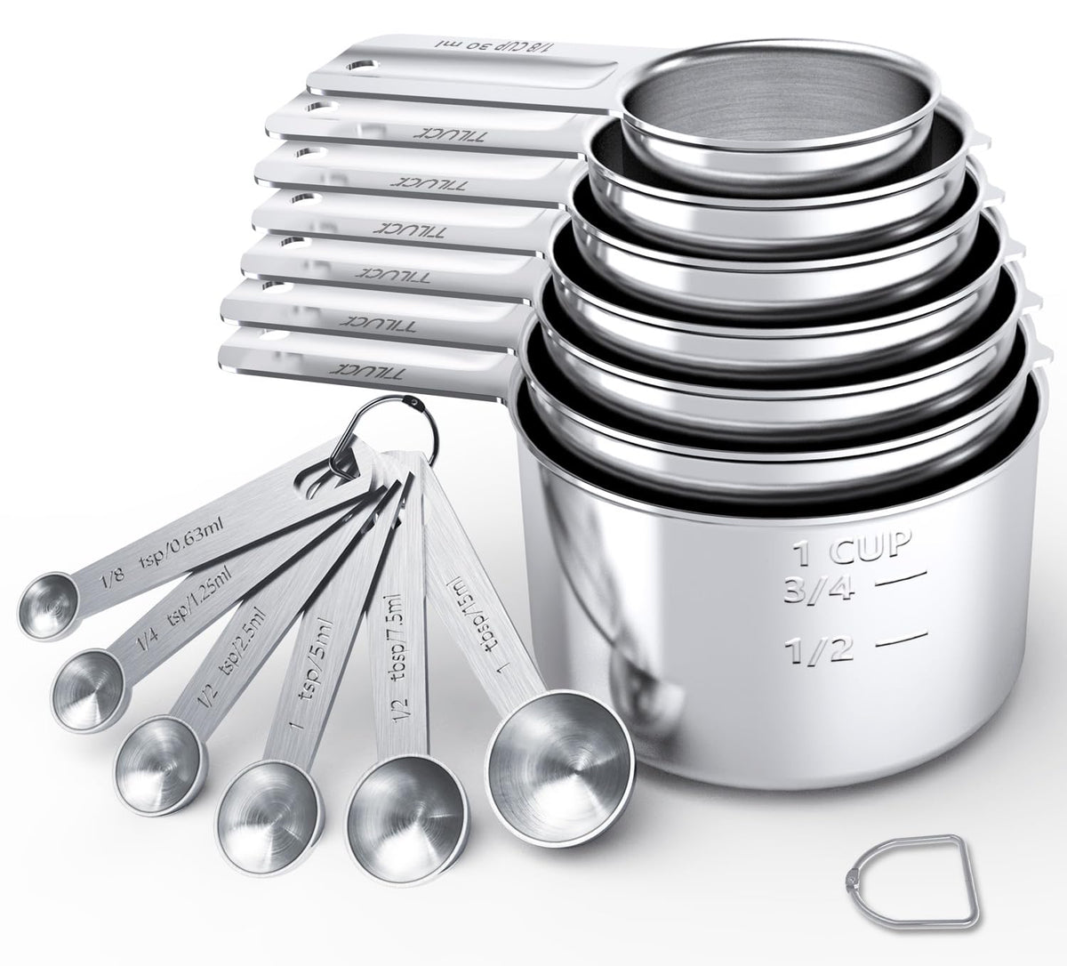 TILUCK stainless steel measuring cups set with 7 cups for precise dry ingredients.