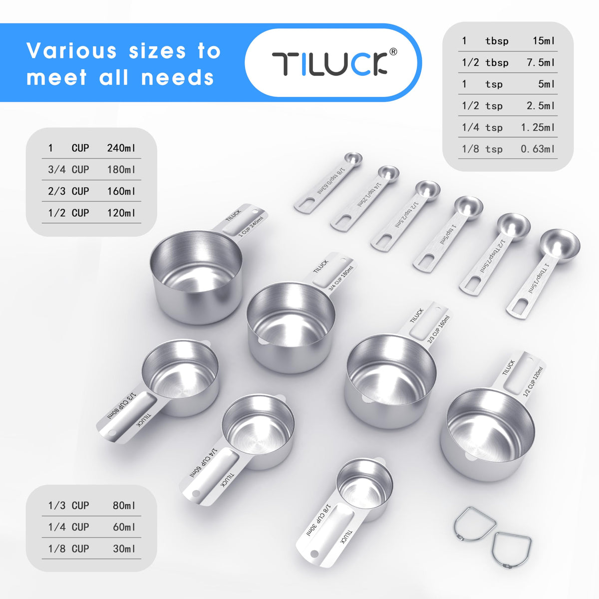 TILUCK stainless steel measuring spoons set with engraved marks for easy measurement.