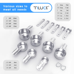 TILUCK stainless steel measuring spoons set with engraved marks for easy measurement.