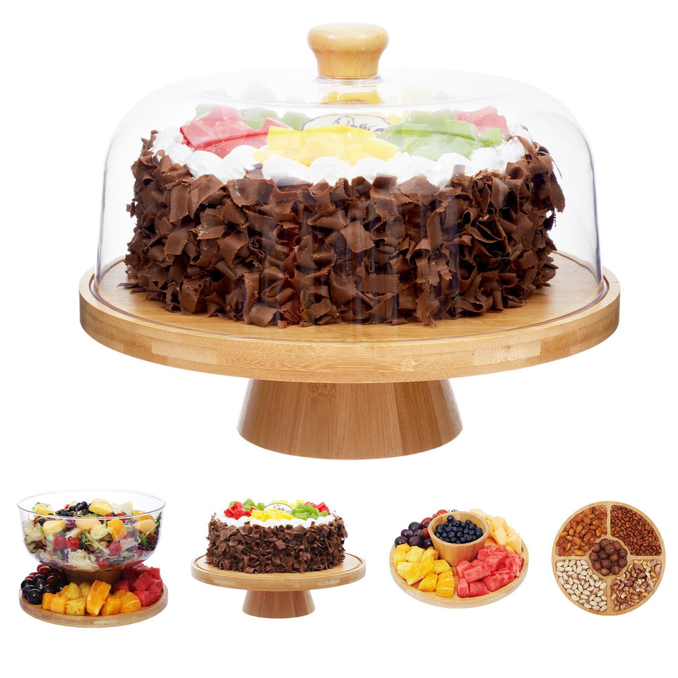 Timboops Home bamboo cake stand with lid keeps desserts fresh.