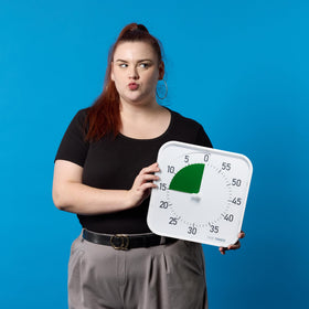 TIME TIMER Original modern frame complements bright, organized classroom spaces.