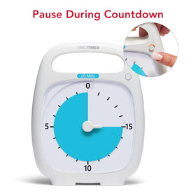 TIME TIMER Plus 20min pause-button enables interruption-friendly timing.