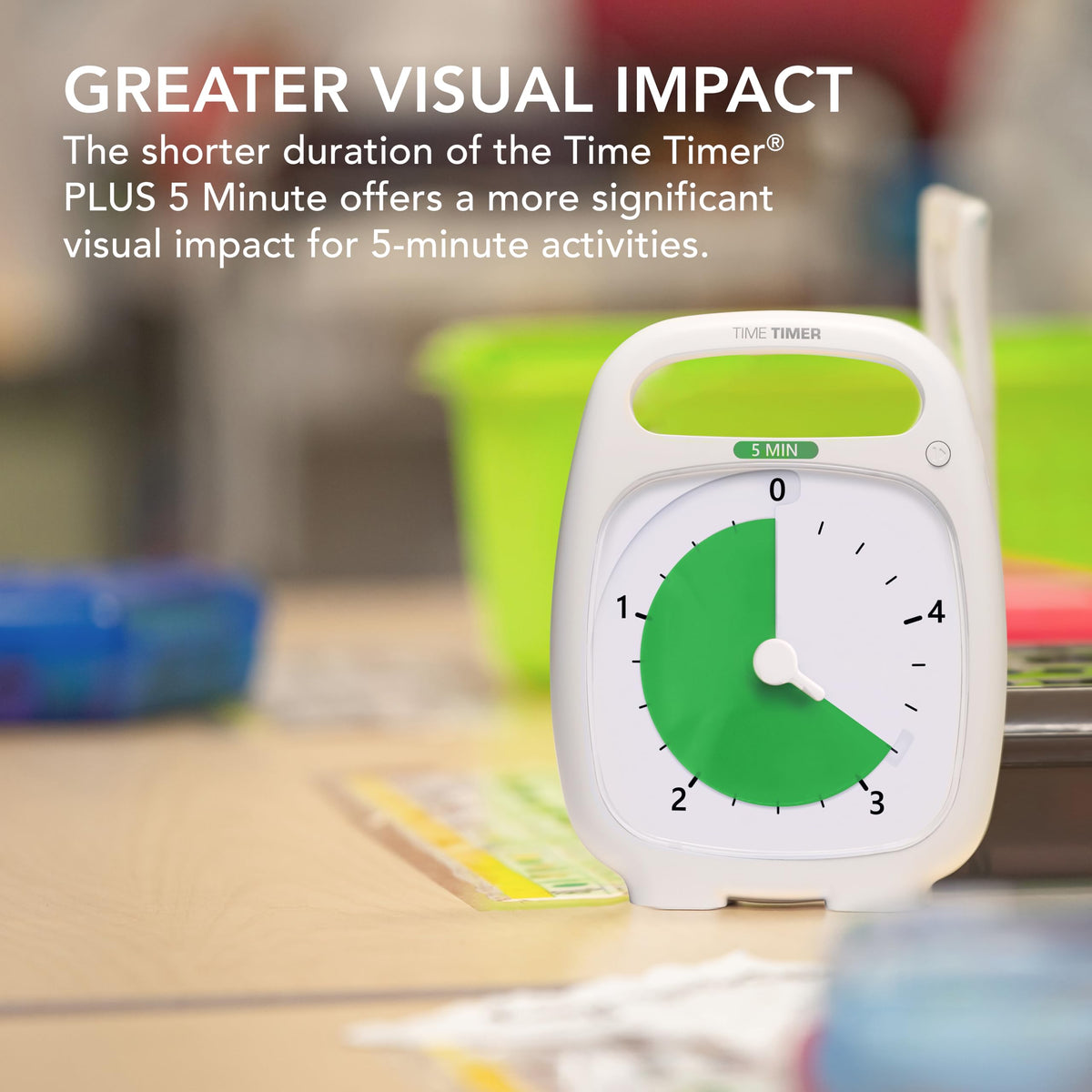 TIME TIMER Plus 5-Minute desk timer displays the colored disk countdown for quick time awareness.