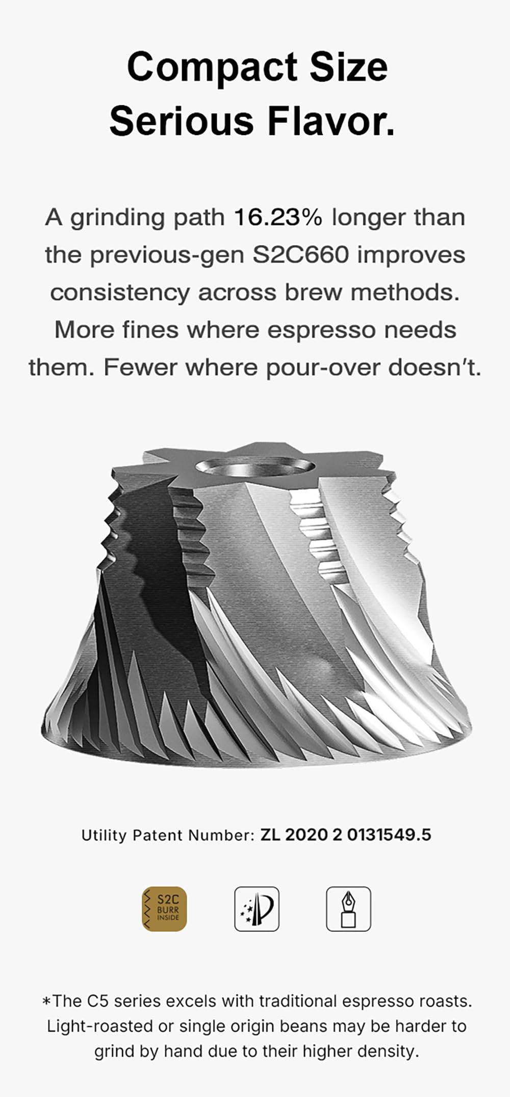 Timemore C5 Pro burr close-up, 42 mm stainless steel burrs for precise grinding