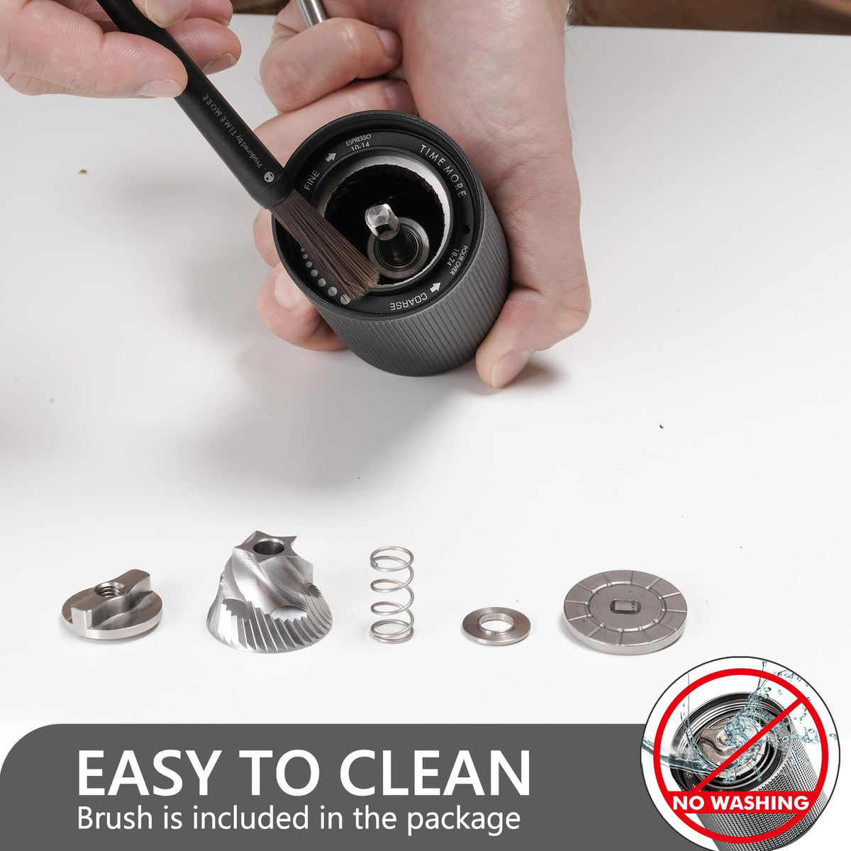TIMEMORE Chestnut C2S burr close‑up reveals a 38 mm conical steel burr for consistent grounds.