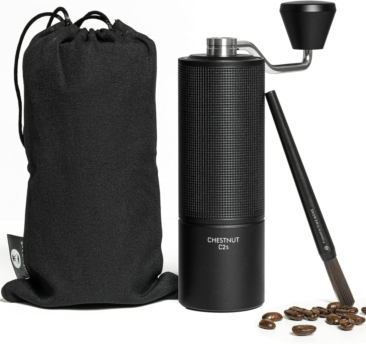 TIMEMORE Chestnut C2S grinder front view highlights compact stainless steel design for travel