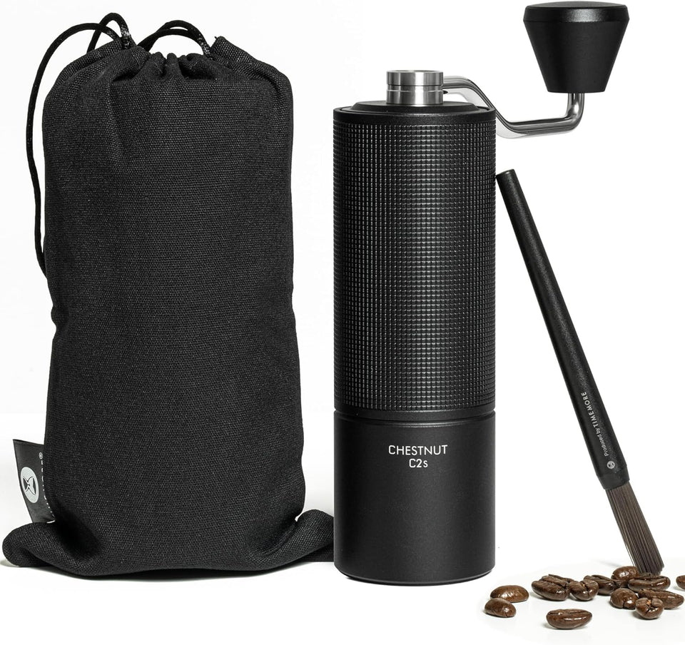 TIMEMORE Chestnut C2S grinder front view highlights compact stainless steel design for travel