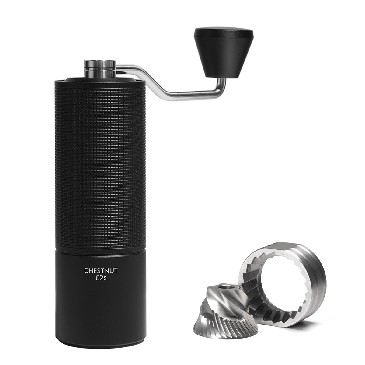 TIMEMORE Chestnut C2S grinder top view shows a durable metal build for daily use.