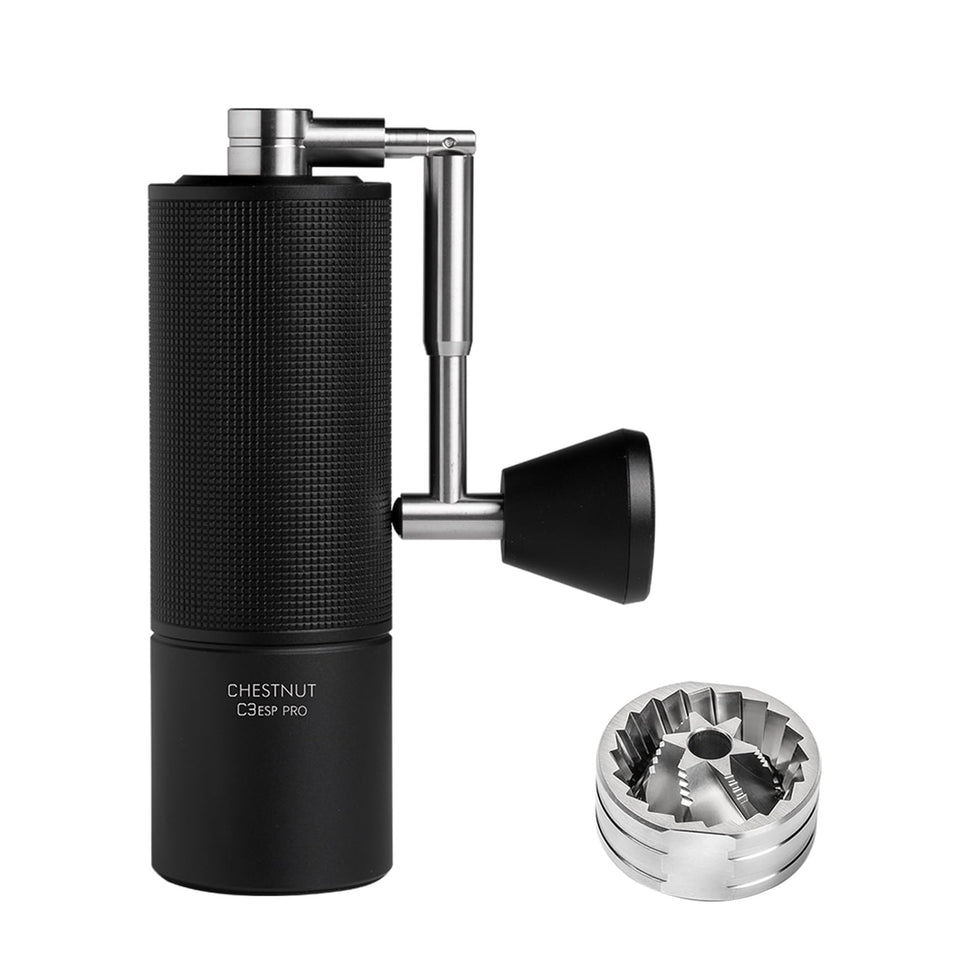 TIMEMORE Chestnut C3 ESP Pro front view with foldable handle for on-the-go grinding.