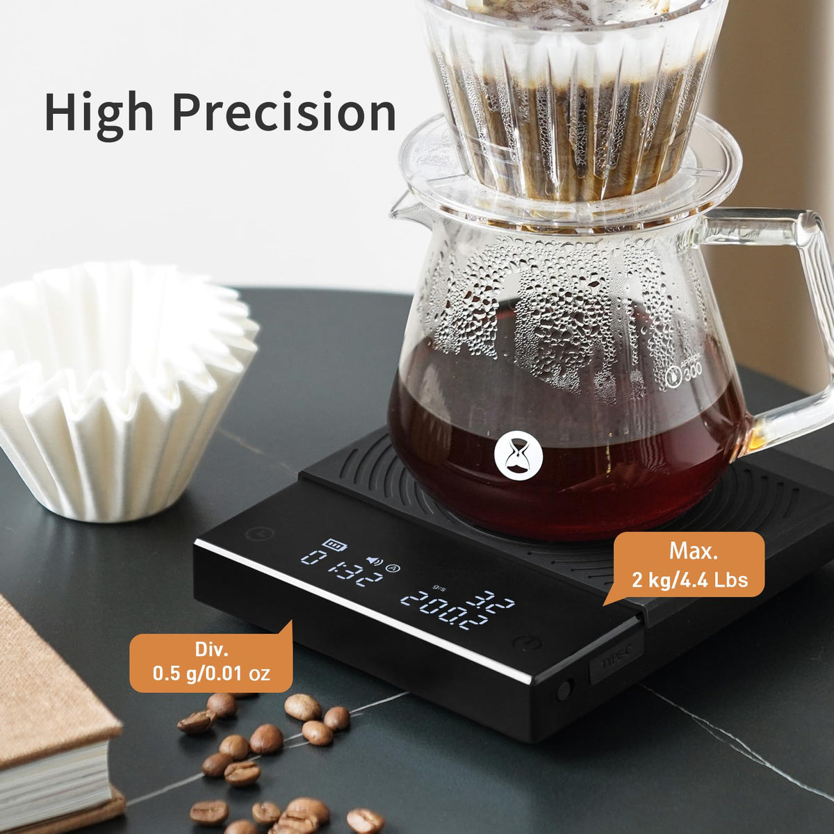 TIMEMORE Coffee Scale Basic 2.0 USB charging port keeps scale ready.