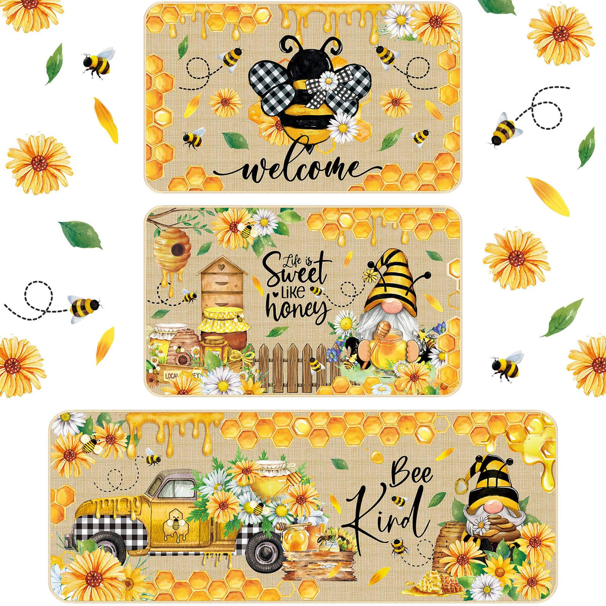 Timgle bee kitchen rug with gnomes, cozy kitchen decor, non-slip backing for safety