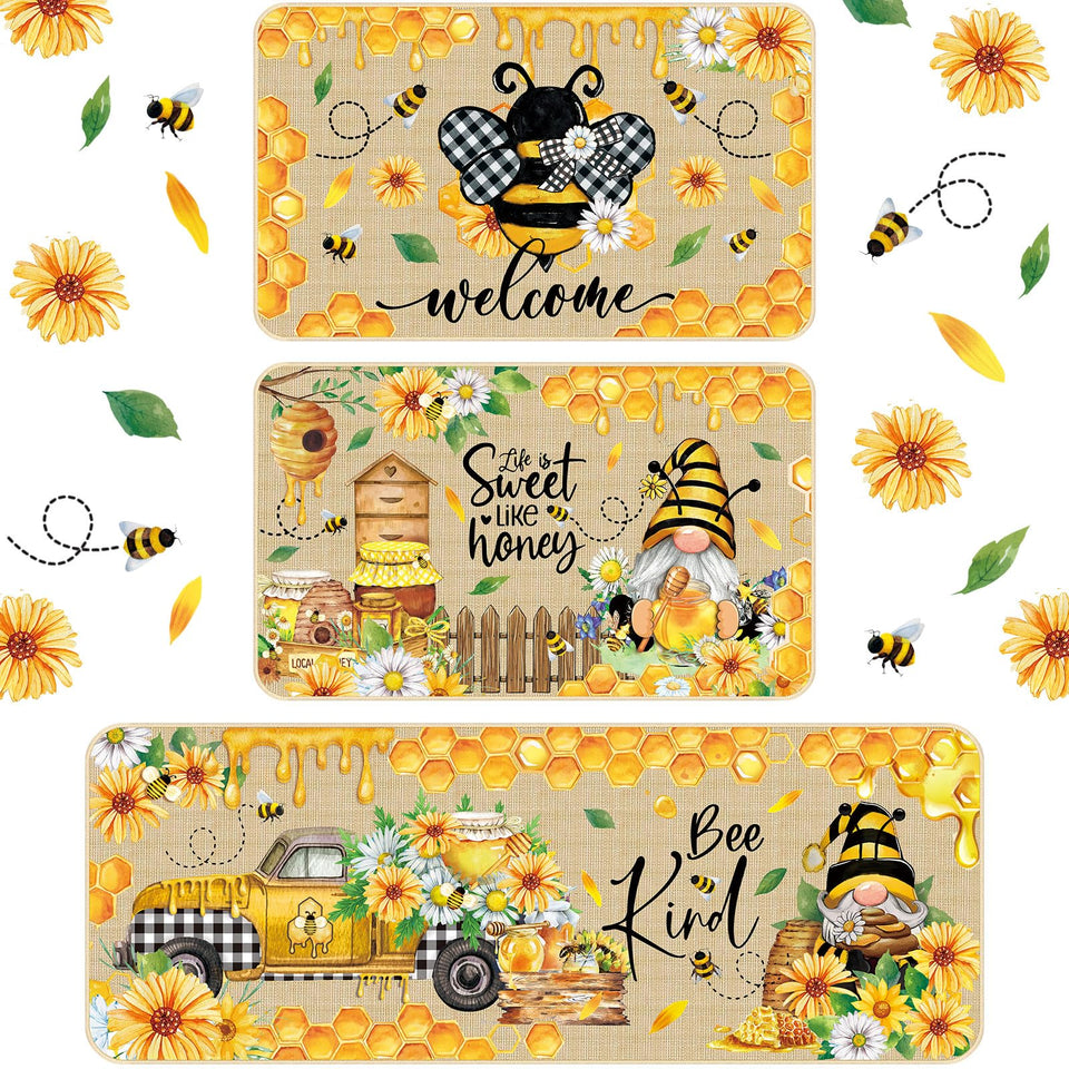Timgle bee kitchen rug with gnomes, cozy kitchen decor, non-slip backing for safety