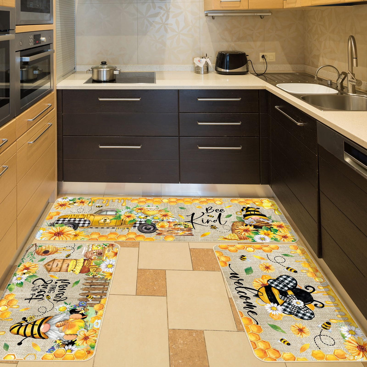Timgle bee kitchen rug with gnomes, cozy kitchen decor, non-slip backing for safety