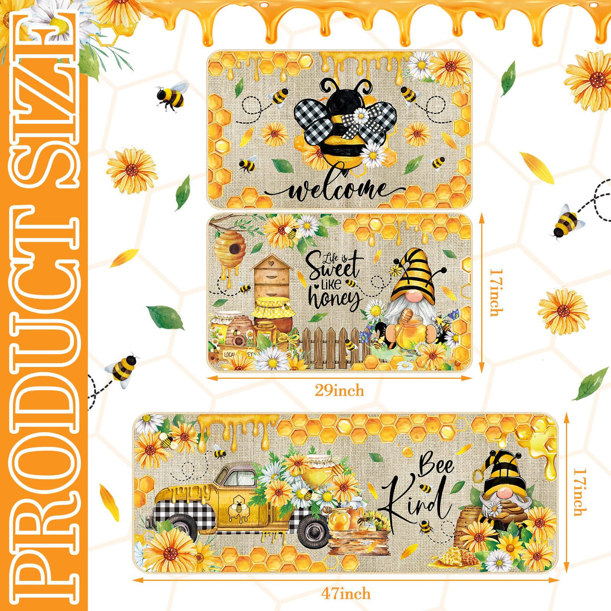 Timgle non-slip bee kitchen mat 17x29, stay-in-place design for safety