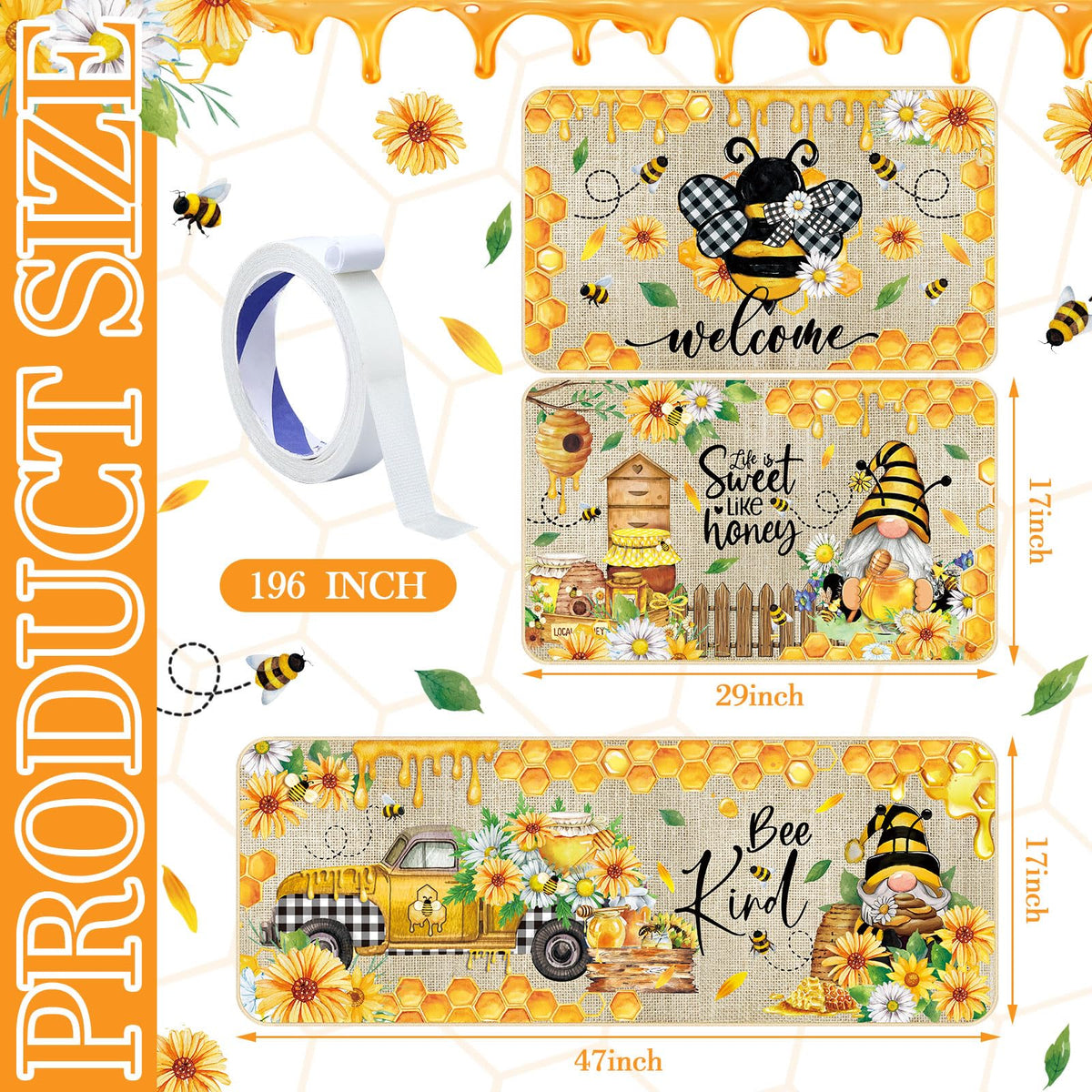 Timgle bee kitchen rug lemon print, cheerful design, easy to wash in daily use