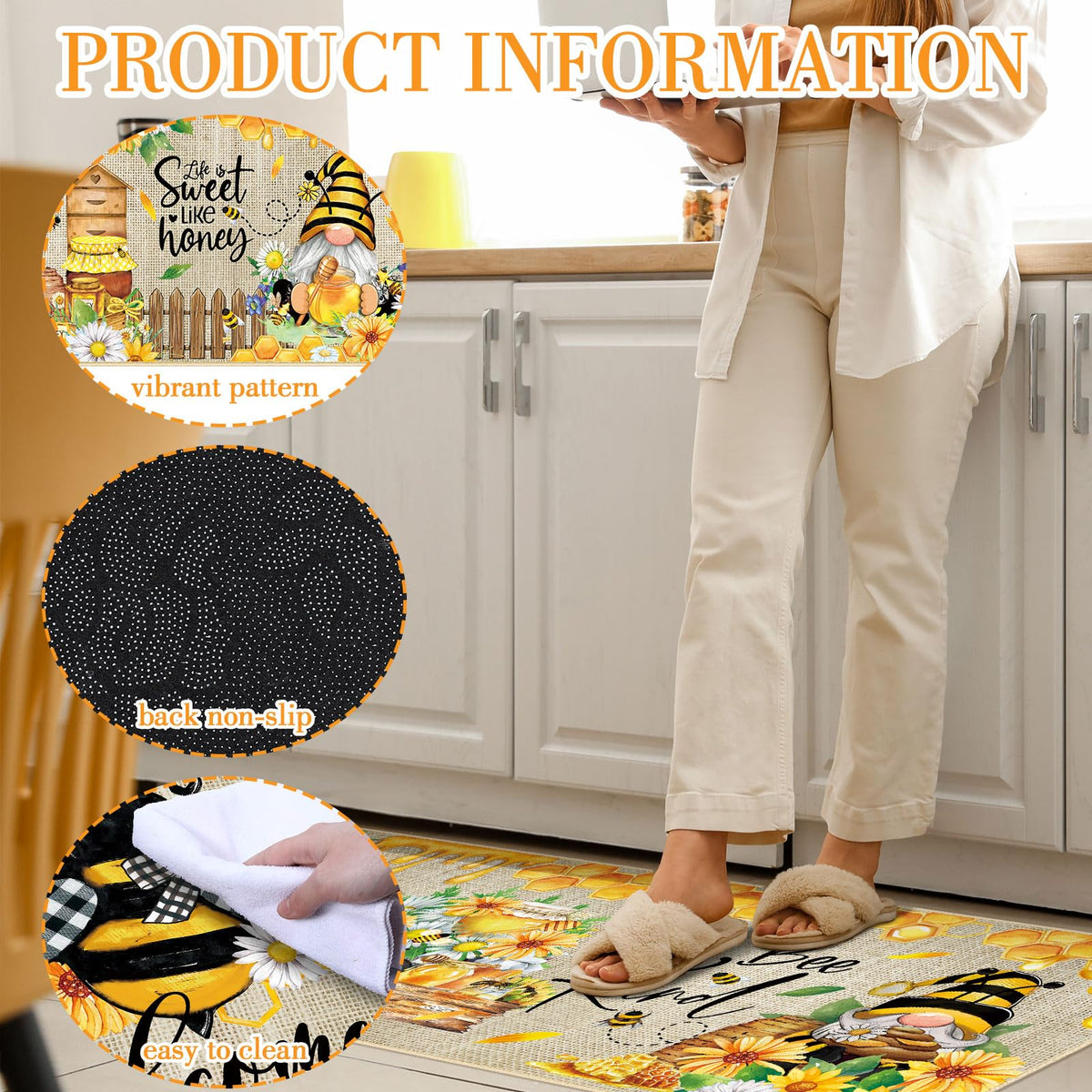 Timgle bee kitchen rug lemon print, cheerful design, easy to wash in daily use