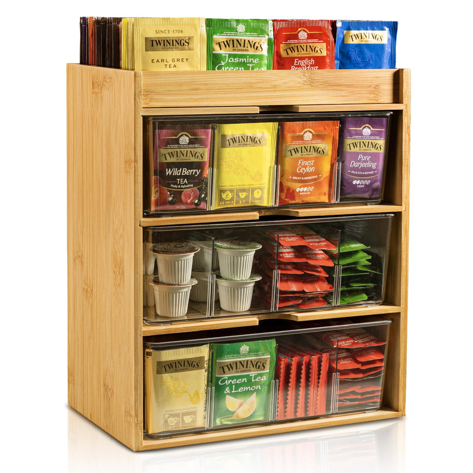 TIMIEEYA tea bag organizer 3-layer bamboo drawer for easy tea selection