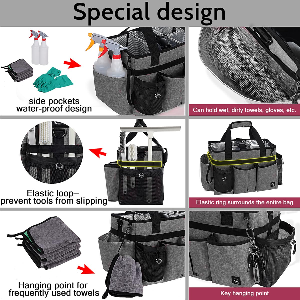 Timoxi cleaning supply tote with adjustable shoulder strap and waist belt for hands-free cleaning.