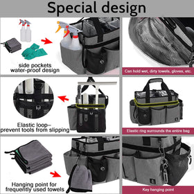 Timoxi cleaning supply tote with adjustable shoulder strap and waist belt for hands-free cleaning.