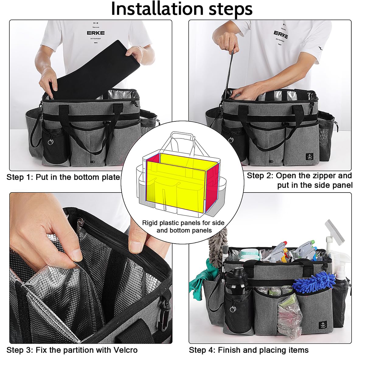 Timoxi caddy shows movable compartments to fit sprays, towels, brushes and gloves.