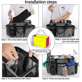 Timoxi caddy shows movable compartments to fit sprays, towels, brushes and gloves.