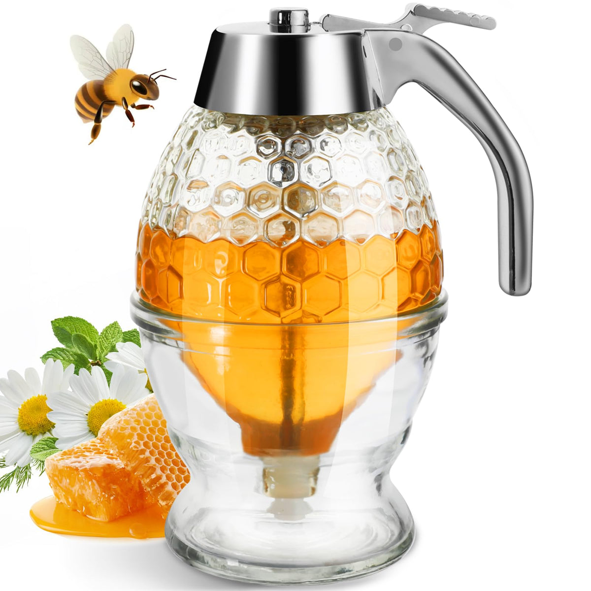 Timtopno honey dispenser with honeycomb design adds elegant kitchen style.
