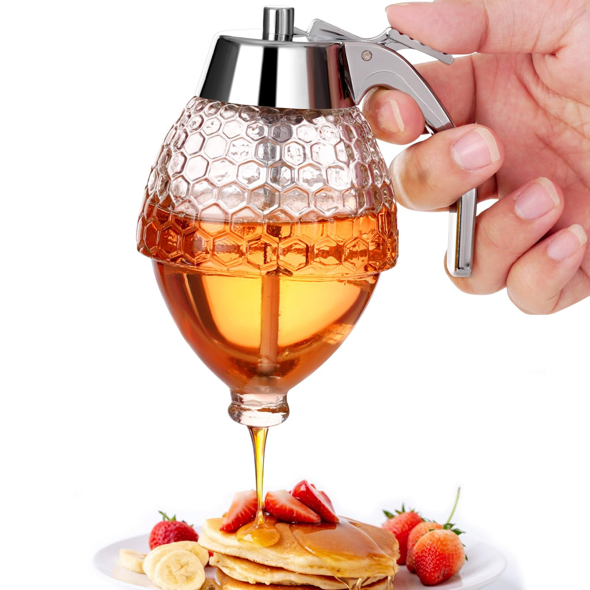 Timtopno honey dispenser with no-drip glass and stand for mess-free pouring.