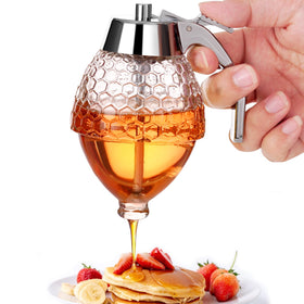 Timtopno honey dispenser with no-drip glass and stand for mess-free pouring.