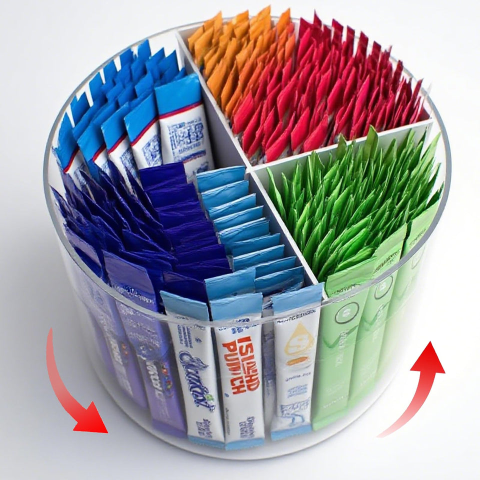 TIMVIEA 360 spinning drink packet organizer offers instant access to coffee pods and sugar packets.