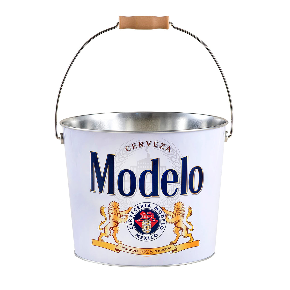 The Tin Box Company Modelo bucket with wire handle in white, ideal for transporting beverages.
