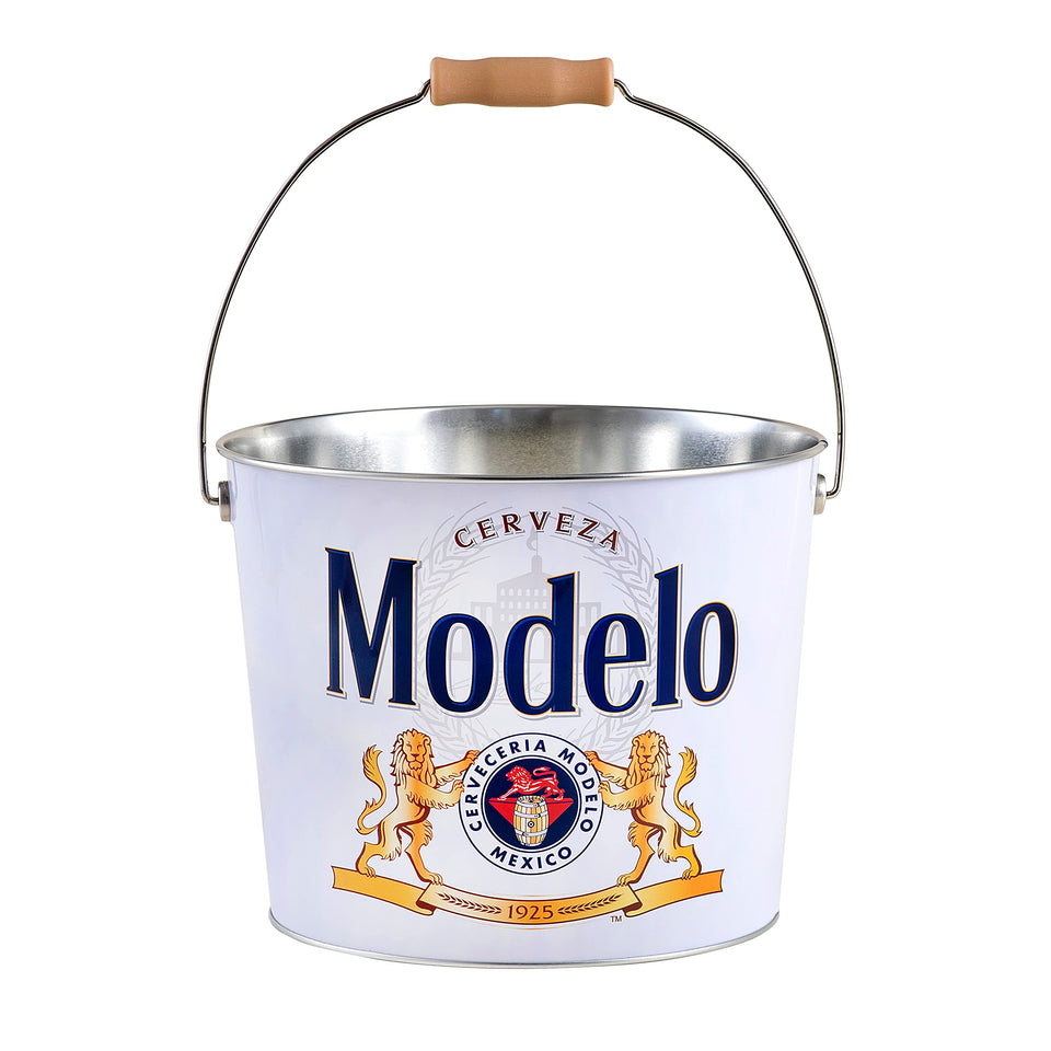 The Tin Box Company Modelo bucket with wire handle in white, ideal for transporting beverages.