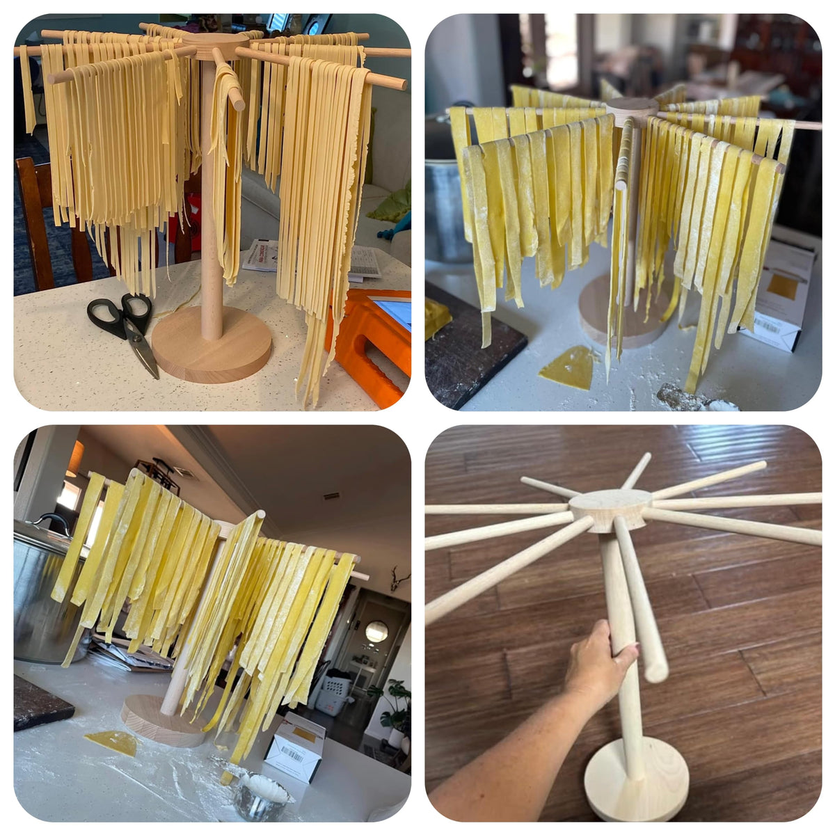 Tinada wood pasta rack keeps noodles evenly spaced for quick drying.