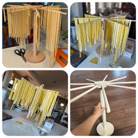 Tinada wood pasta rack keeps noodles evenly spaced for quick drying.