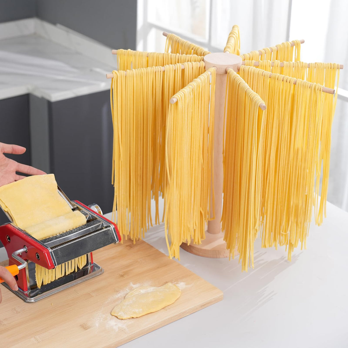 Tinada wooden pasta dryer base provides stable counter support during use.