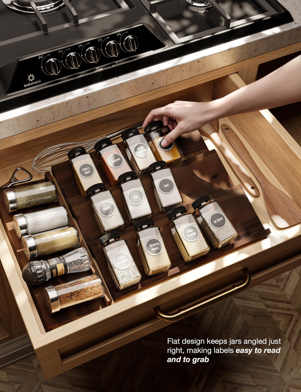 Spice drawer organizer maximizing drawer space and layout