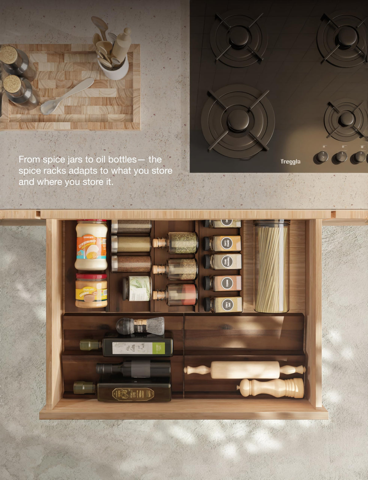 Tinamo Acacia spice rack installed in a kitchen drawer