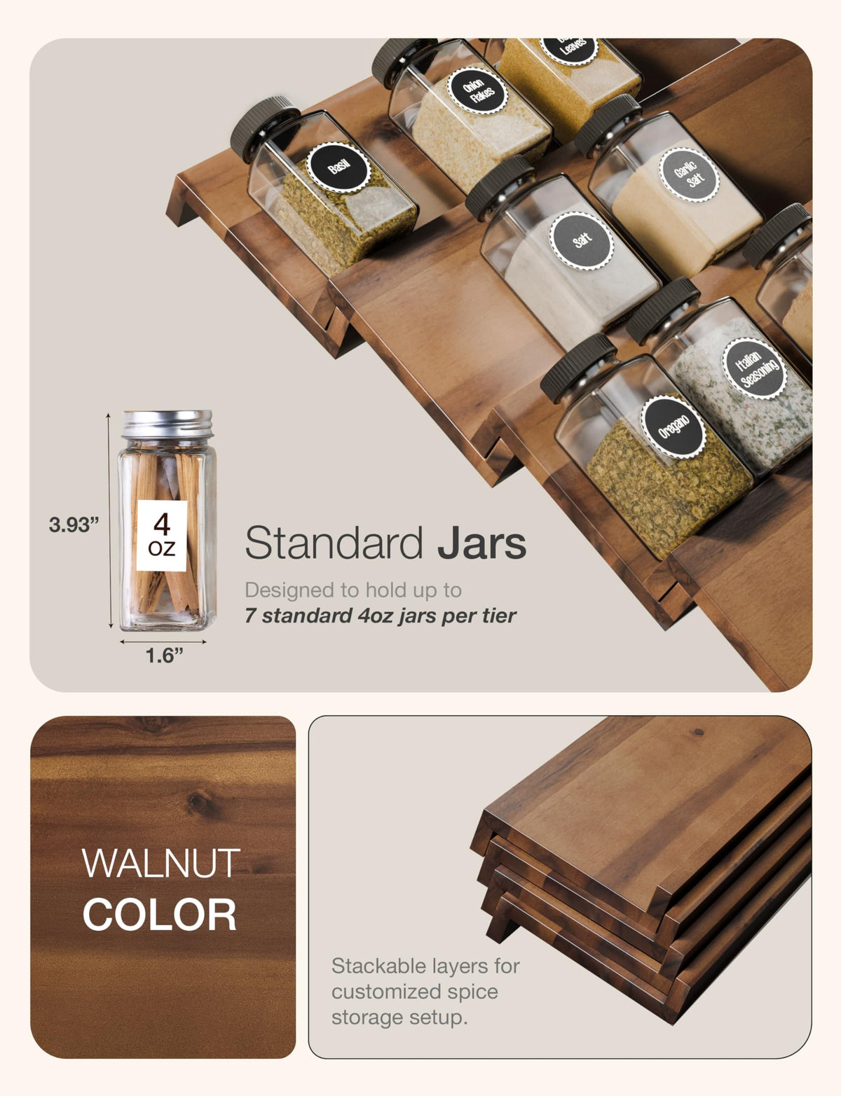 Tinamo Acacia spice rack tiered design keeps labels visible