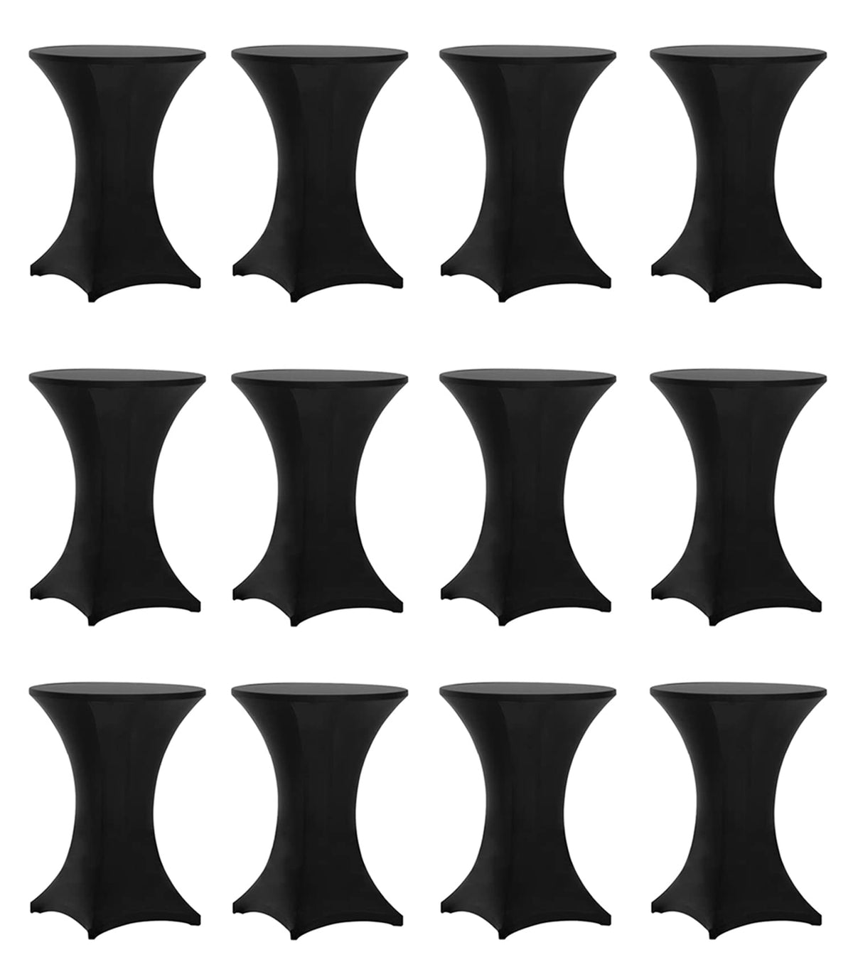 Tina's 12-pack highboy spandex tablecloth in black folded, ready for storage.