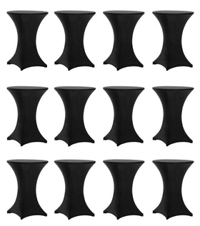 Tina's 12-pack highboy spandex tablecloth in black folded, ready for storage.