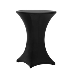 Tina's 12-pack highboy spandex tablecloth in black on a round table, wrinkle-free.