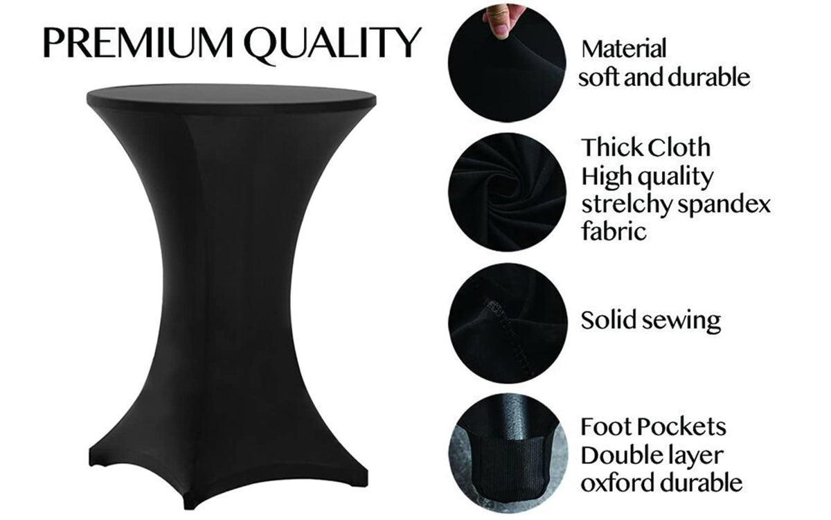 Tina's durable stretch tablecloth with reinforced leg pockets for a secure, professional look.