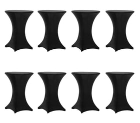 Tina's highboy spandex table cover in black fits 32x43 round tables, wrinkle resistant and reusable.