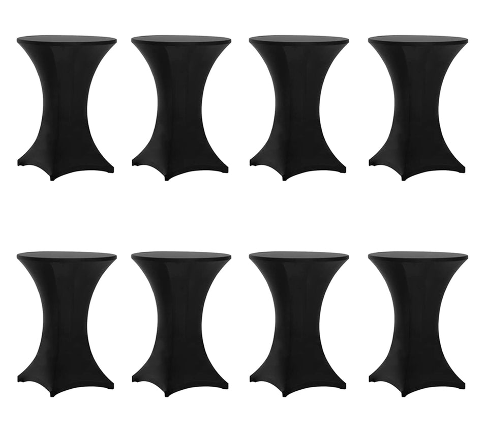 Tina's highboy spandex table cover in black fits 32x43 round tables, wrinkle resistant and reusable.