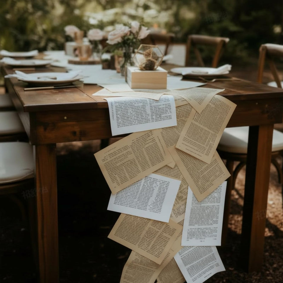Tinlade vintage pages table runner assembly for DIY wedding decor ideas