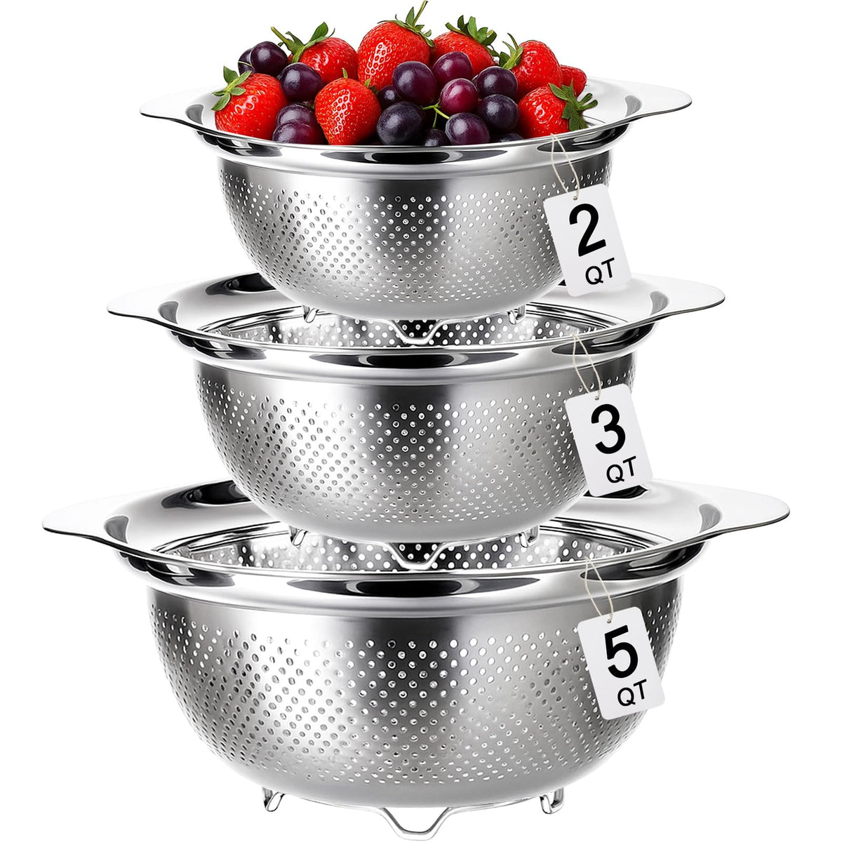 TINSKY 3-piece colander set for fruit washing and pasta draining.