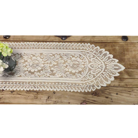 Tinsow crochet lace pattern in beige enhances dresser decor with delicate texture.